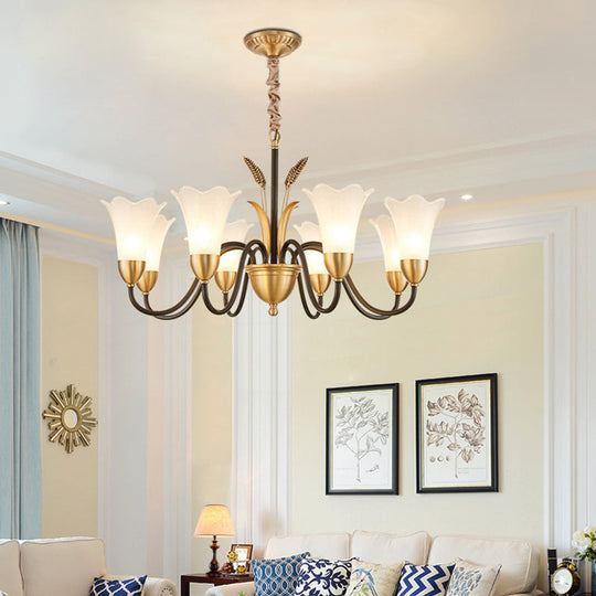 Floral Shaped White Glass Chandelier - Traditional 6/8/12 Lights Study Room Ceiling Light In Brass