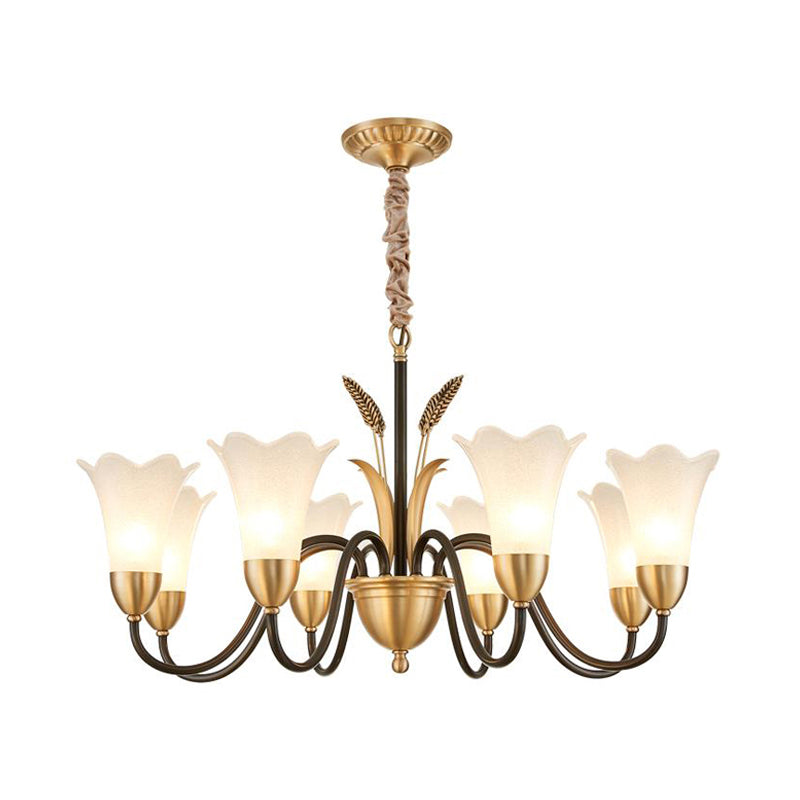 Floral Shaped White Glass Chandelier - Traditional 6/8/12 Lights Study Room Ceiling Light In Brass