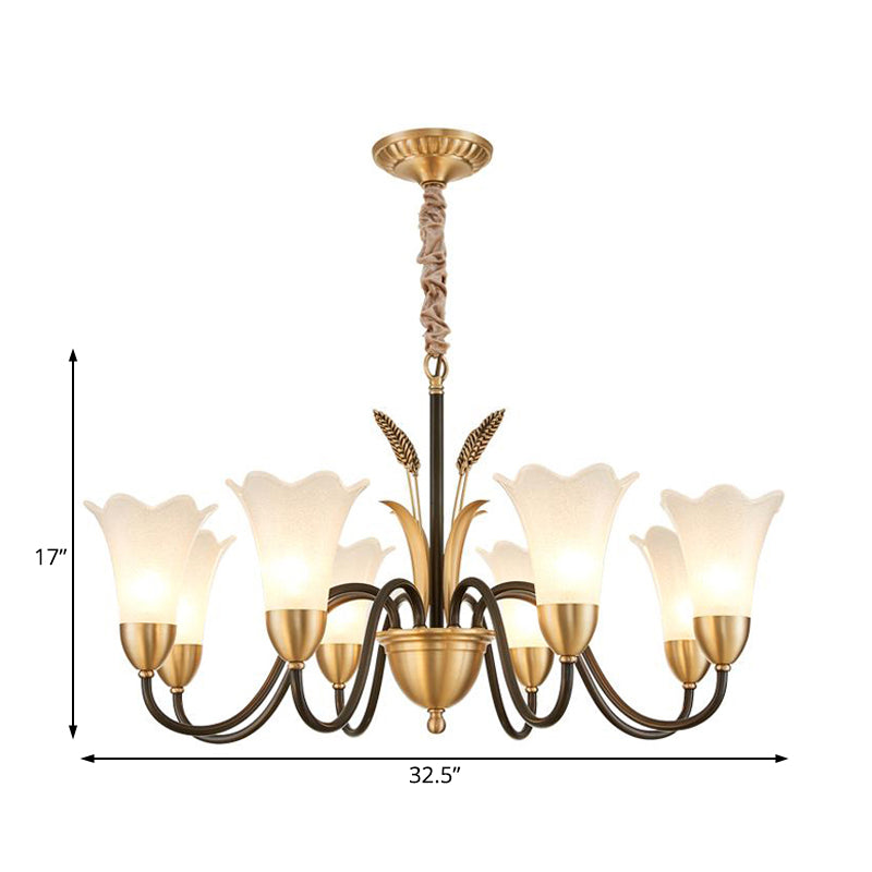 Floral Shaped White Glass Chandelier - Traditional 6/8/12 Lights Study Room Ceiling Light In Brass