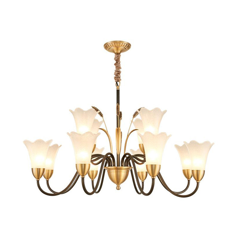 Floral Shaped White Glass Chandelier - Traditional 6/8/12 Lights Study Room Ceiling Light In Brass