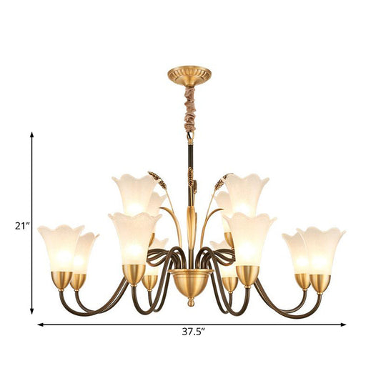 Floral Shaped White Glass Chandelier - Traditional 6/8/12 Lights Study Room Ceiling Light In Brass