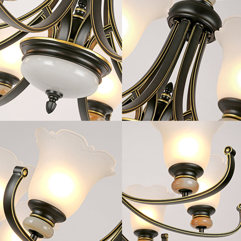 Vintage Black Chandelier: Flower White Glass Ceiling Light 3/6/8 Lights For Bedroom Fixture