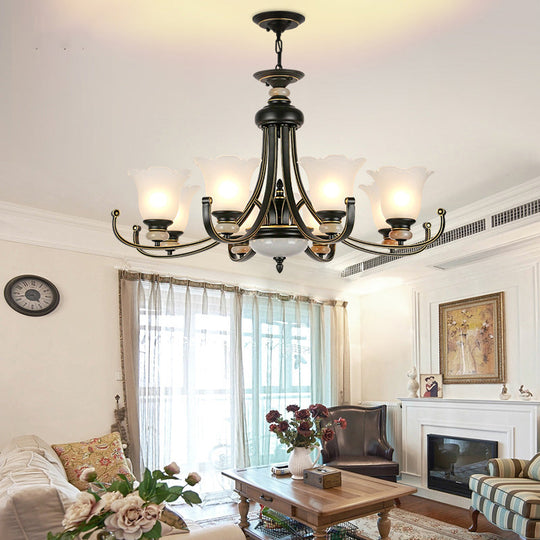 Vintage Black Chandelier: Flower White Glass Ceiling Light 3/6/8 Lights For Bedroom Fixture