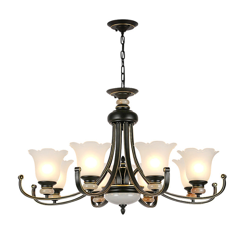 Vintage Black Chandelier: Flower White Glass Ceiling Light 3/6/8 Lights For Bedroom Fixture