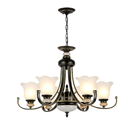 Vintage Black Chandelier: Flower White Glass Ceiling Light 3/6/8 Lights For Bedroom Fixture