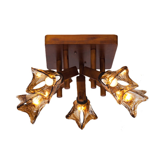 Rustic Glass Flower Semi Flush Light with Red Brown 3/5/8 Lights for Dining Room Ceiling