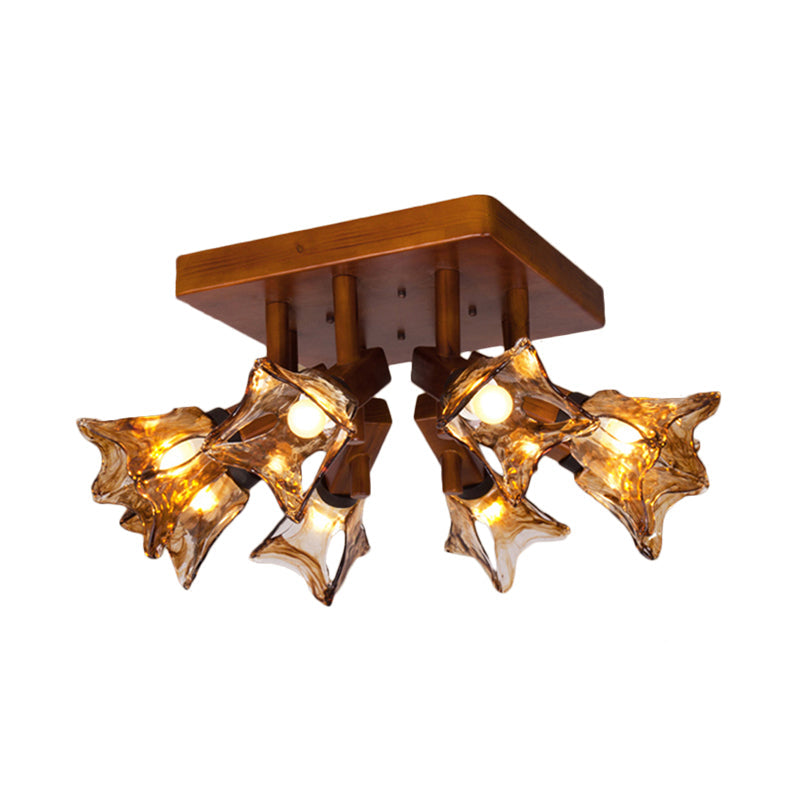 Rustic Glass Flower Semi Flush Light with Red Brown 3/5/8 Lights for Dining Room Ceiling