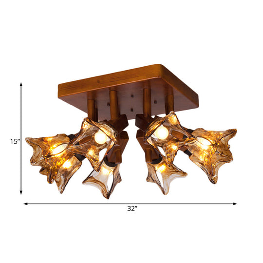 Rustic Glass Flower Semi Flush Light with Red Brown 3/5/8 Lights for Dining Room Ceiling