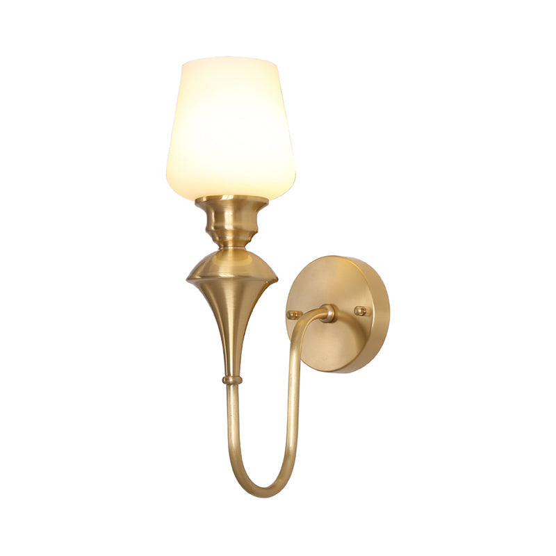 Traditional Cone White Glass Wall Sconce Light Bedroom Mounted In Gold/Black