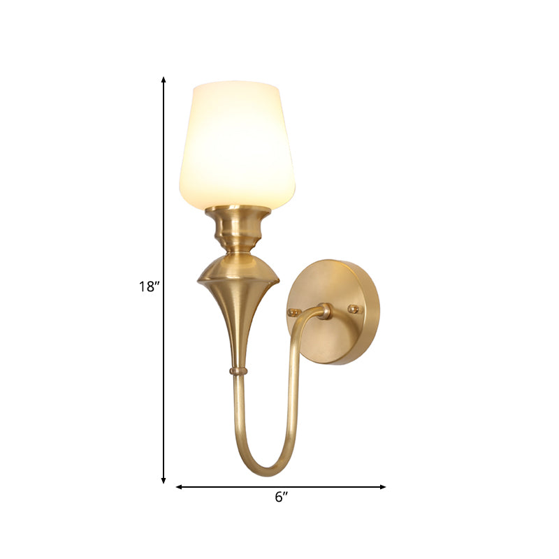 Traditional Cone White Glass Wall Sconce Light Bedroom Mounted In Gold/Black