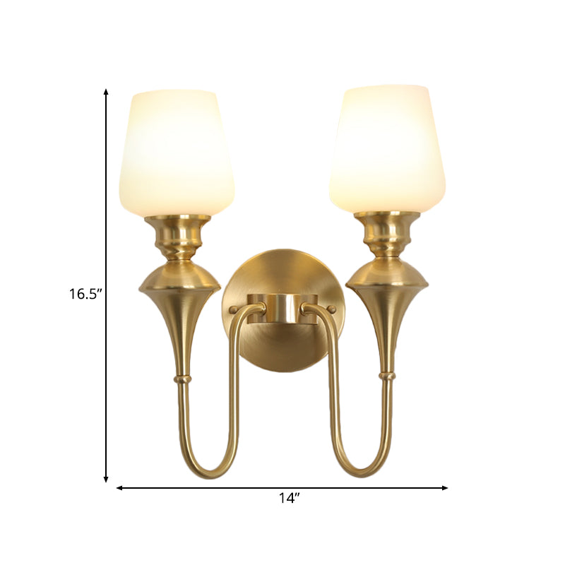 Traditional Cone White Glass Wall Sconce Light Bedroom Mounted In Gold/Black