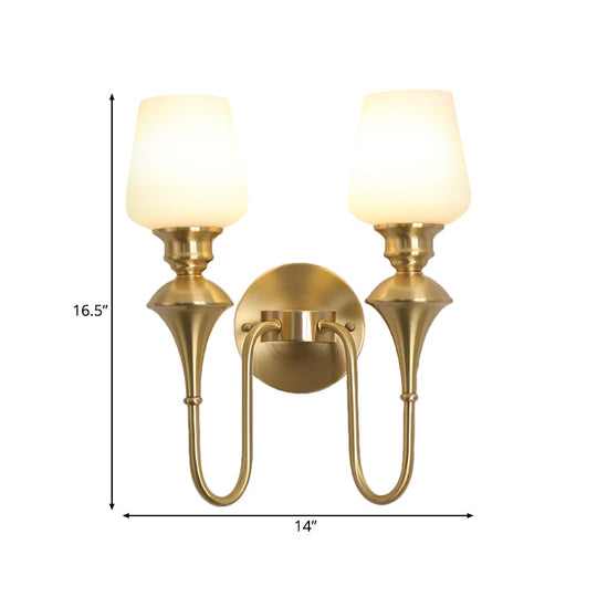 Traditional Cone White Glass Wall Sconce Light Bedroom Mounted In Gold/Black