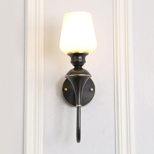 Traditional Cone White Glass Wall Sconce Light Bedroom Mounted In Gold/Black 1 / Black