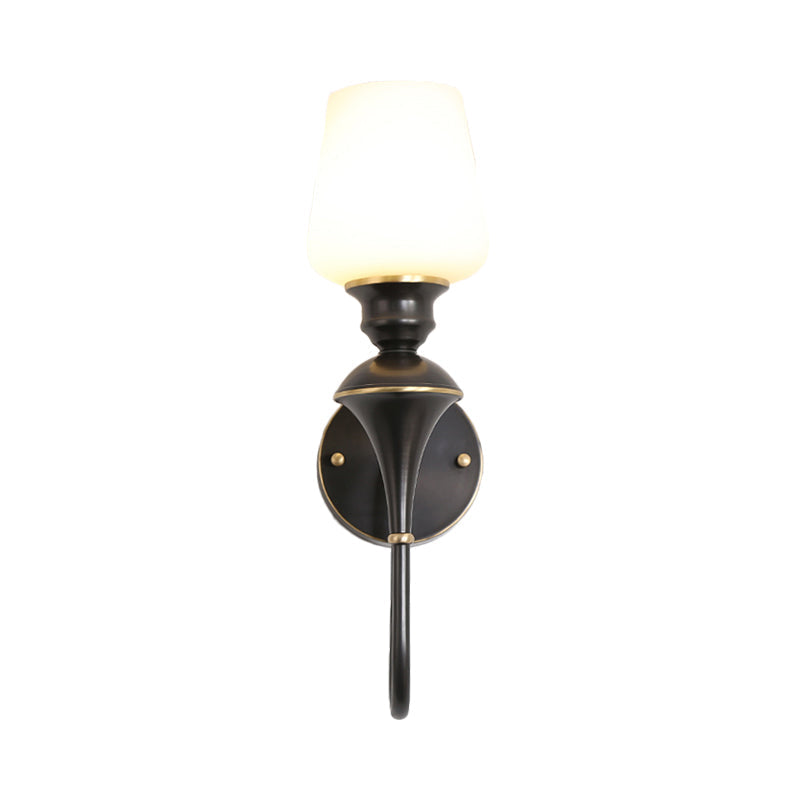 Traditional Cone White Glass Wall Sconce Light Bedroom Mounted In Gold/Black