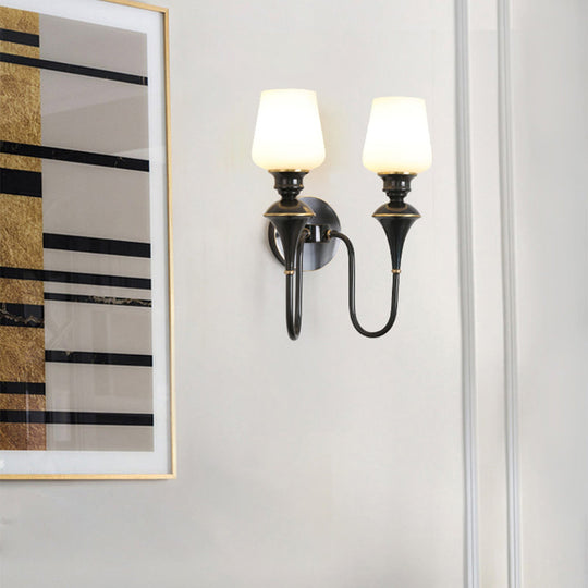 Traditional Cone White Glass Wall Sconce Light Bedroom Mounted In Gold/Black