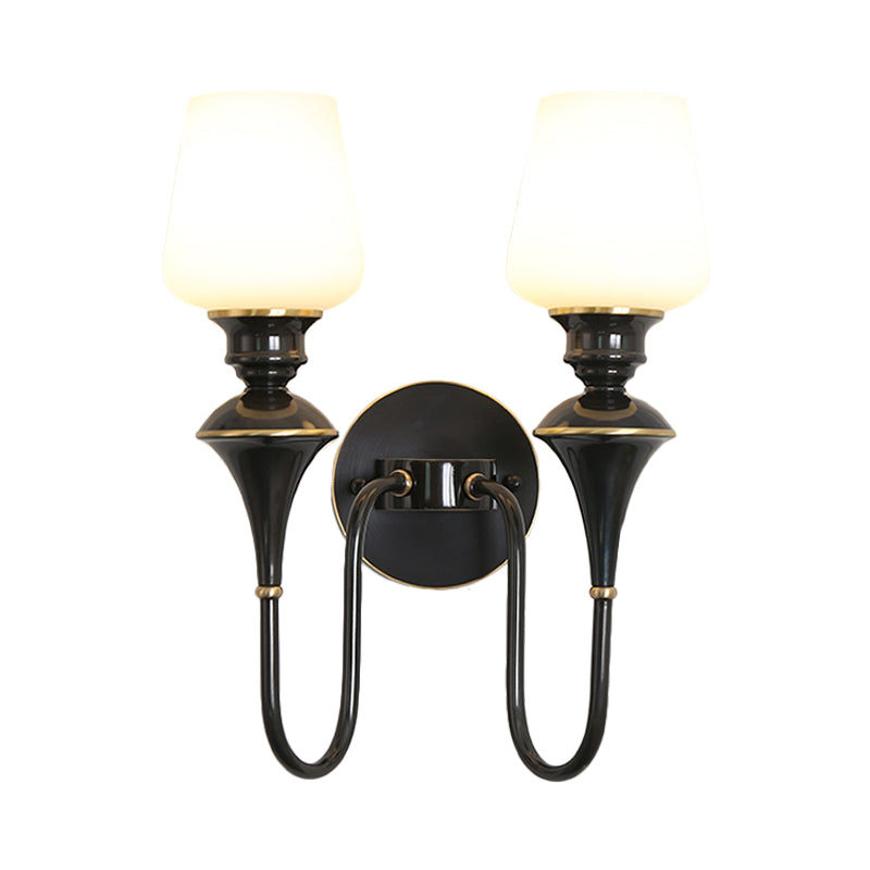 Traditional Cone White Glass Wall Sconce Light Bedroom Mounted In Gold/Black