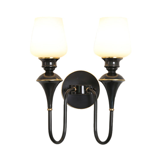 Traditional Cone White Glass Wall Sconce Light Bedroom Mounted In Gold/Black