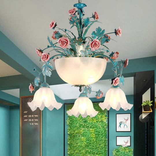 Pastoral Ceramic Flower Chandelier With Opal Glass Shade For Living Room Suspension Lighting