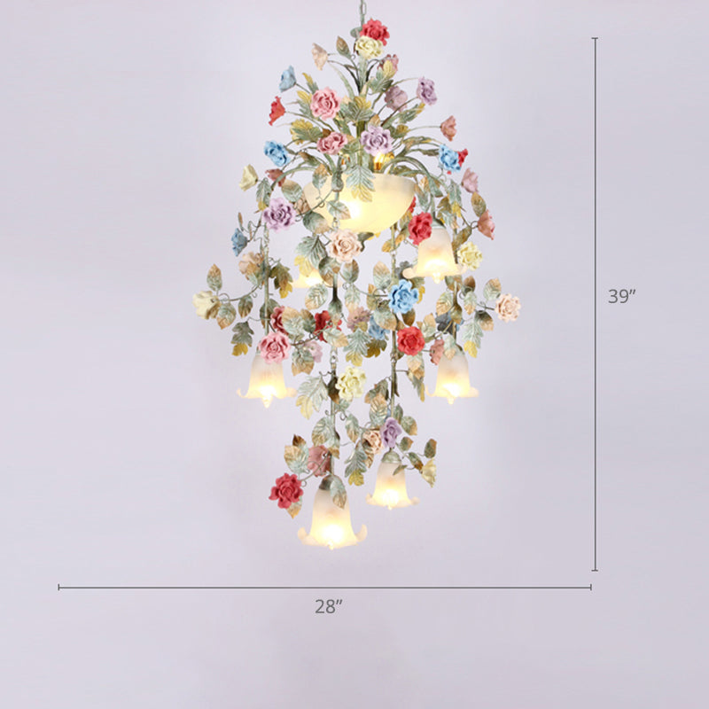 Pastoral Ceramic Flower Chandelier With Opal Glass Shade For Living Room Suspension Lighting 10 /