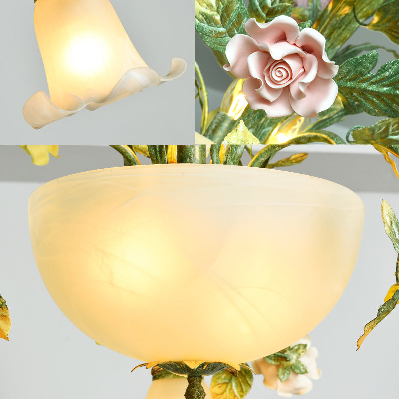 Pastoral Ceramic Flower Chandelier With Opal Glass Shade For Living Room Suspension Lighting