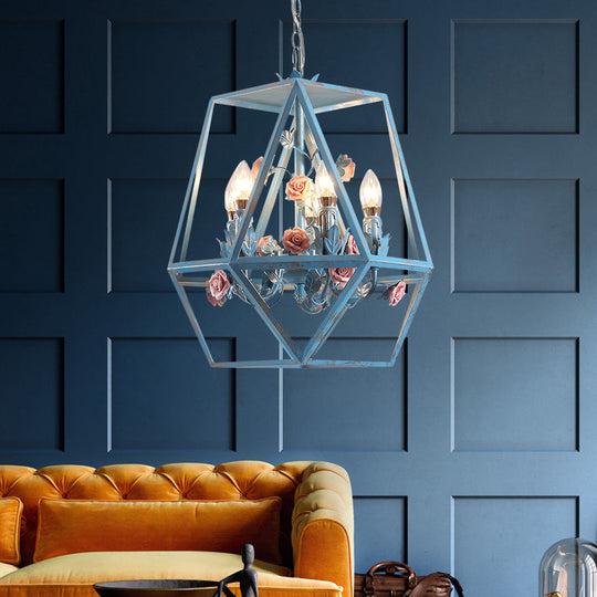 Blue Metal Cage Chandelier Pendant - American Garden Style 5-Light Hanging Lamp With Beautiful