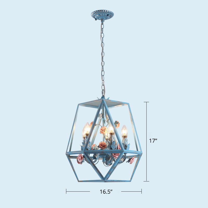 Blue Metal Cage Chandelier Pendant - American Garden Style 5-Light Hanging Lamp With Beautiful