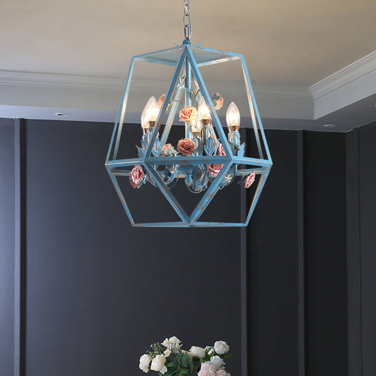 Blue Metal Cage Chandelier Pendant - American Garden Style 5-Light Hanging Lamp With Beautiful