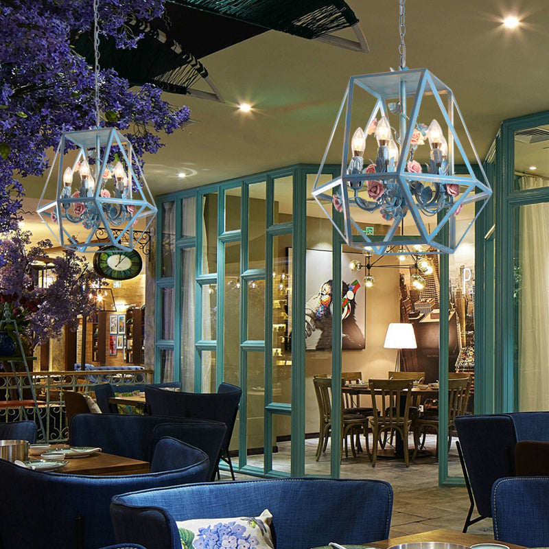 Blue Metal Cage Chandelier Pendant - American Garden Style 5-Light Hanging Lamp With Beautiful