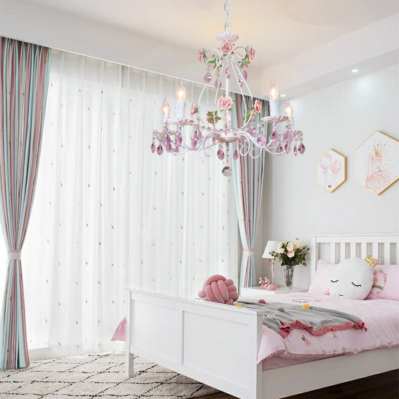 Romantic White Candlestick Chandelier With Pink Rose & Crystal Accents - Ceiling Light For Bedroom