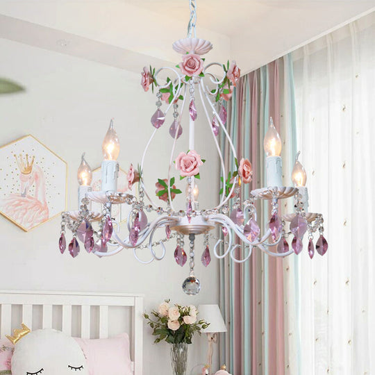 Romantic White Candlestick Chandelier With Pink Rose & Crystal Accents - Ceiling Light For Bedroom