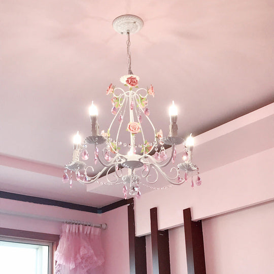 Romantic White Candlestick Chandelier With Pink Rose & Crystal Accents - Ceiling Light For Bedroom