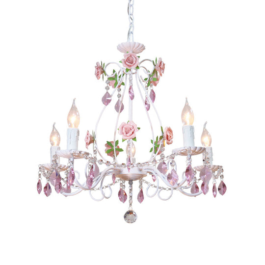 Romantic White Candlestick Chandelier With Pink Rose & Crystal Accents - Ceiling Light For Bedroom