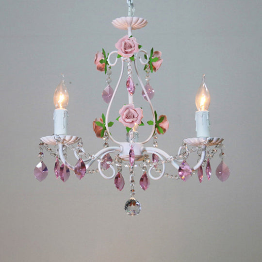 Romantic White Candlestick Chandelier With Pink Rose & Crystal Accents - Ceiling Light For Bedroom