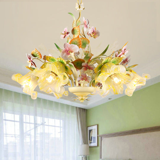 Green Korean Garden Flower Ceiling Chandelier With White Glass Pendant Light