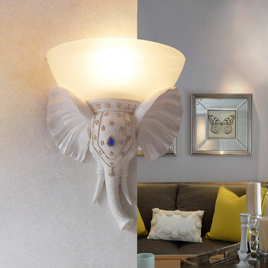 Traditional Glass Beige Bowl Sconce Light - 1 Corridor Wall Mount With Gold/White Resin Elephant