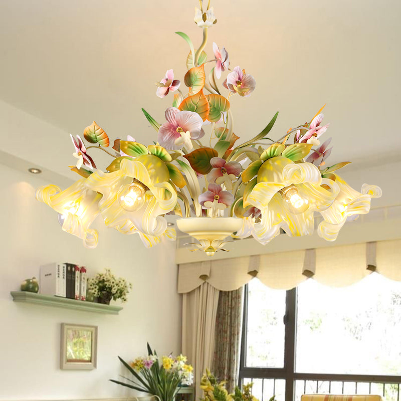 Green Korean Garden Flower Ceiling Chandelier With White Glass Pendant Light