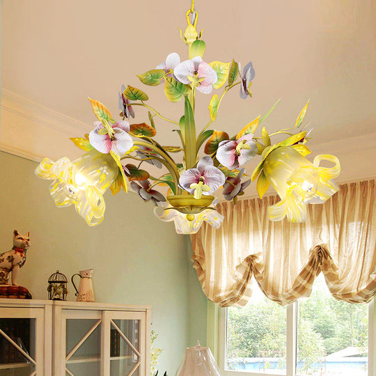 Green Korean Garden Flower Ceiling Chandelier With White Glass Pendant Light