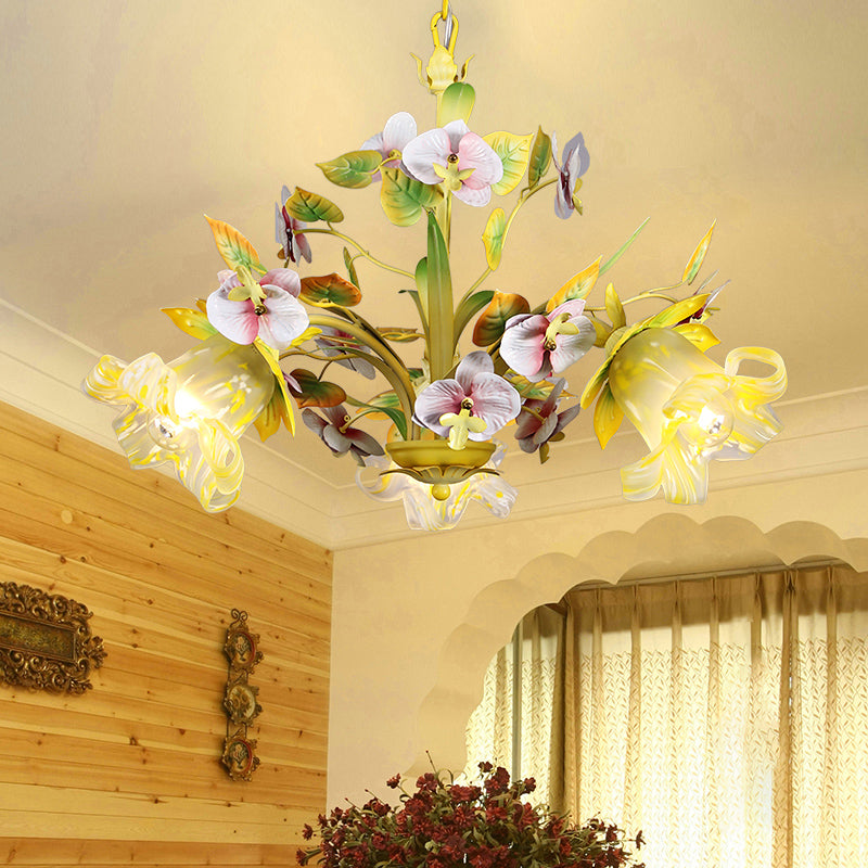 Green Korean Garden Flower Ceiling Chandelier With White Glass Pendant Light