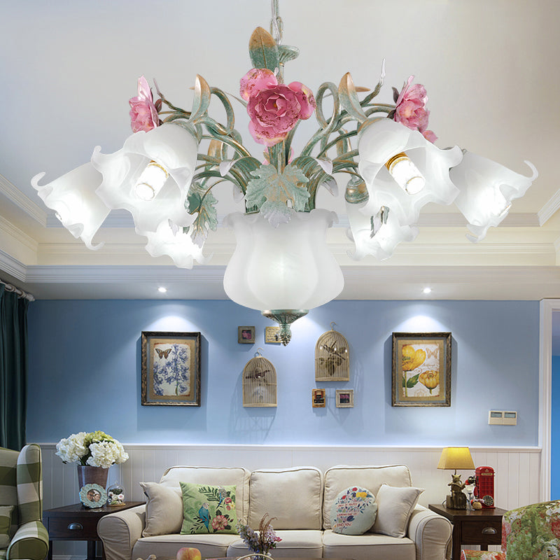 8-Head Flower Ceiling Hanging Lamp - Elegant White Frosted Glass Chandelier For Living Room