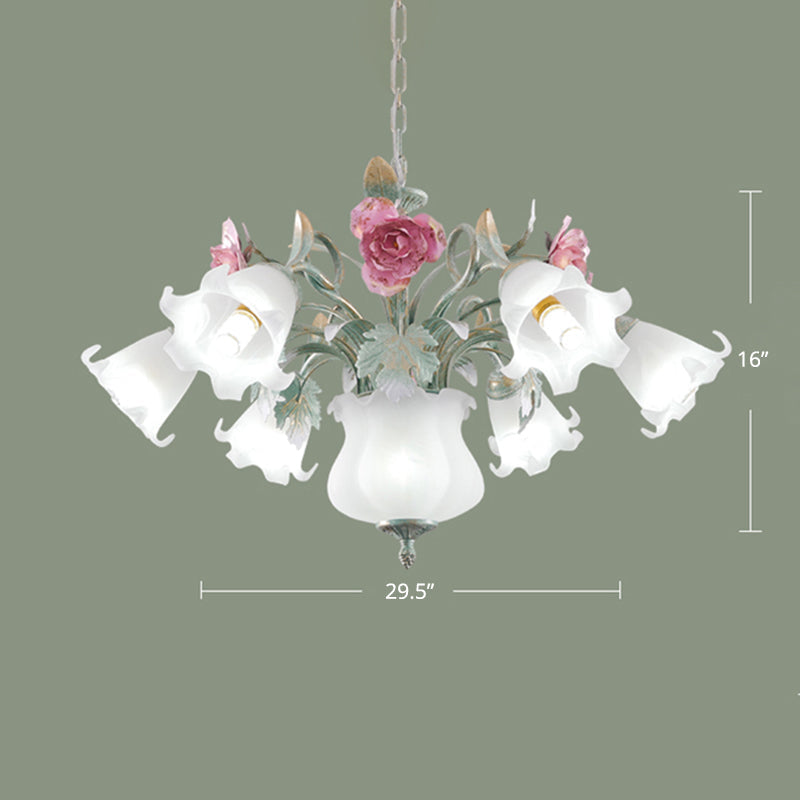 8-Head Flower Ceiling Hanging Lamp - Elegant White Frosted Glass Chandelier For Living Room