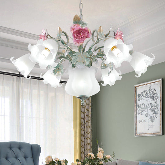 8-Head Flower Ceiling Hanging Lamp - Elegant White Frosted Glass Chandelier For Living Room