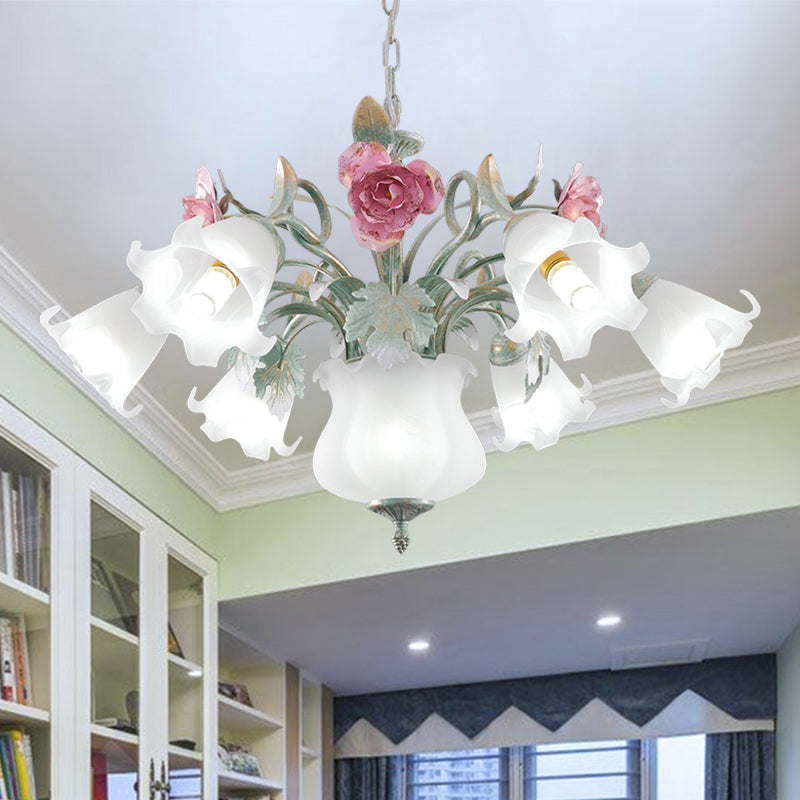 8-Head Flower Ceiling Hanging Lamp - Elegant White Frosted Glass Chandelier For Living Room