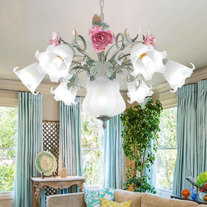 8-Head Flower Ceiling Hanging Lamp - Elegant White Frosted Glass Chandelier For Living Room