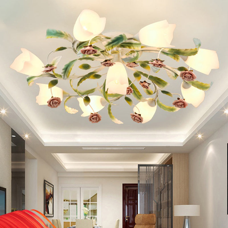 Pastoral Frost Glass Floral Ceiling Mount Chandelier: White Semi Flush Lighting For Bedroom