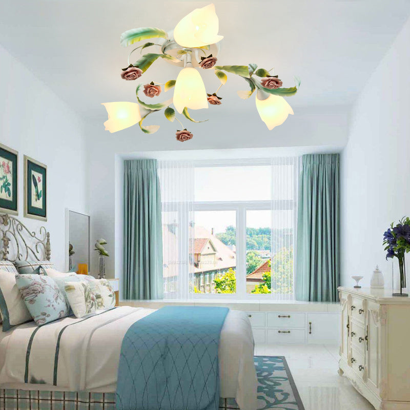 Pastoral Frost Glass Floral Ceiling Mount Chandelier: White Semi Flush Lighting For Bedroom