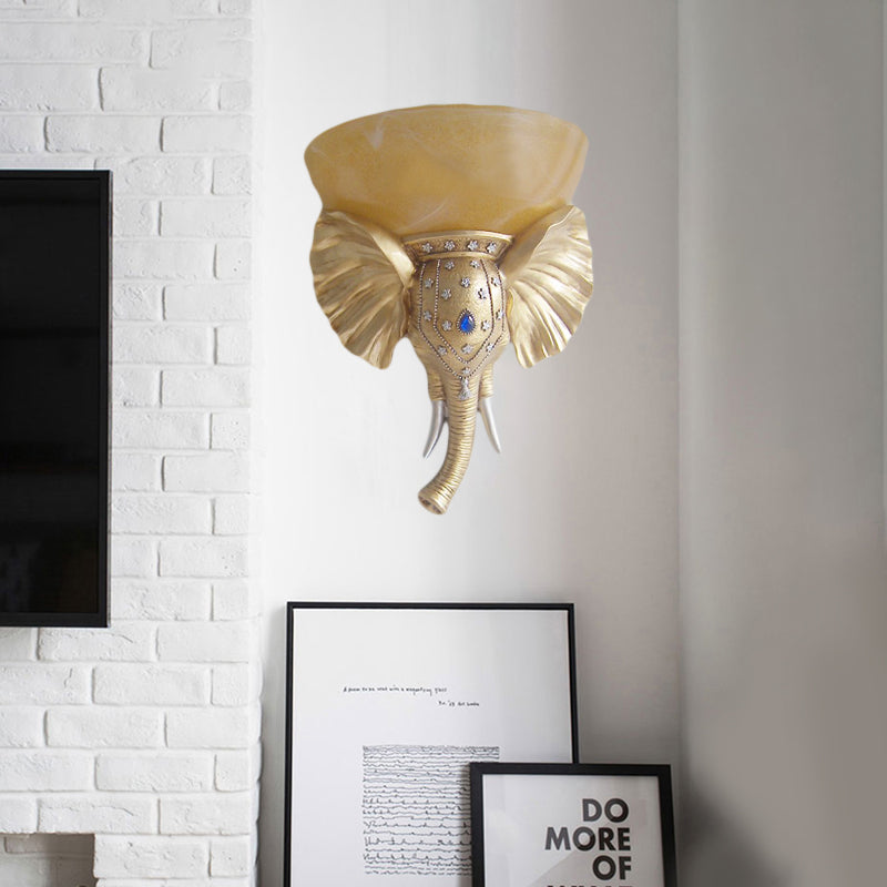 Traditional Glass Beige Bowl Sconce Light - 1 Corridor Wall Mount With Gold/White Resin Elephant