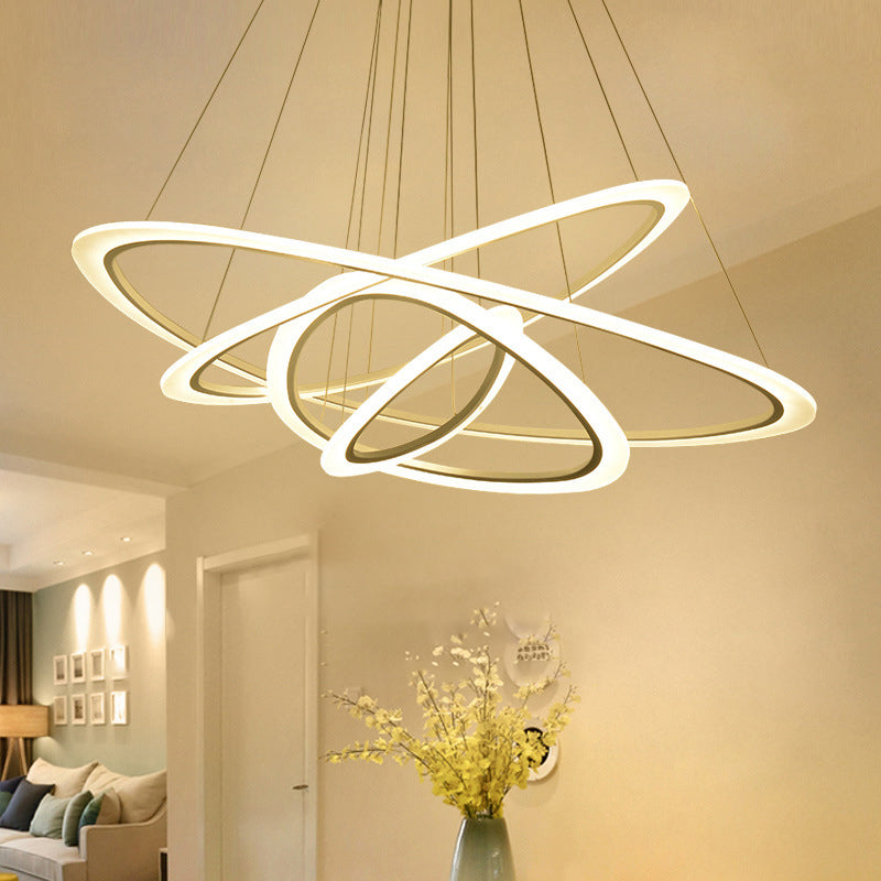 White Metal Triangular Chandelier - Simplicity 4-Ring LED Ceiling Light for Living Room