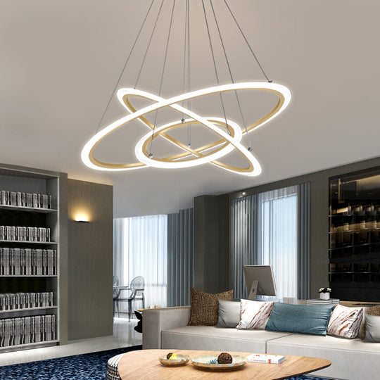 Gold LED Pendant Light Fixture - Minimalist 3-Loop Shaped Metal Chandelier