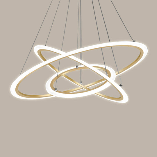 Gold LED Pendant Light Fixture - Minimalist 3-Loop Shaped Metal Chandelier