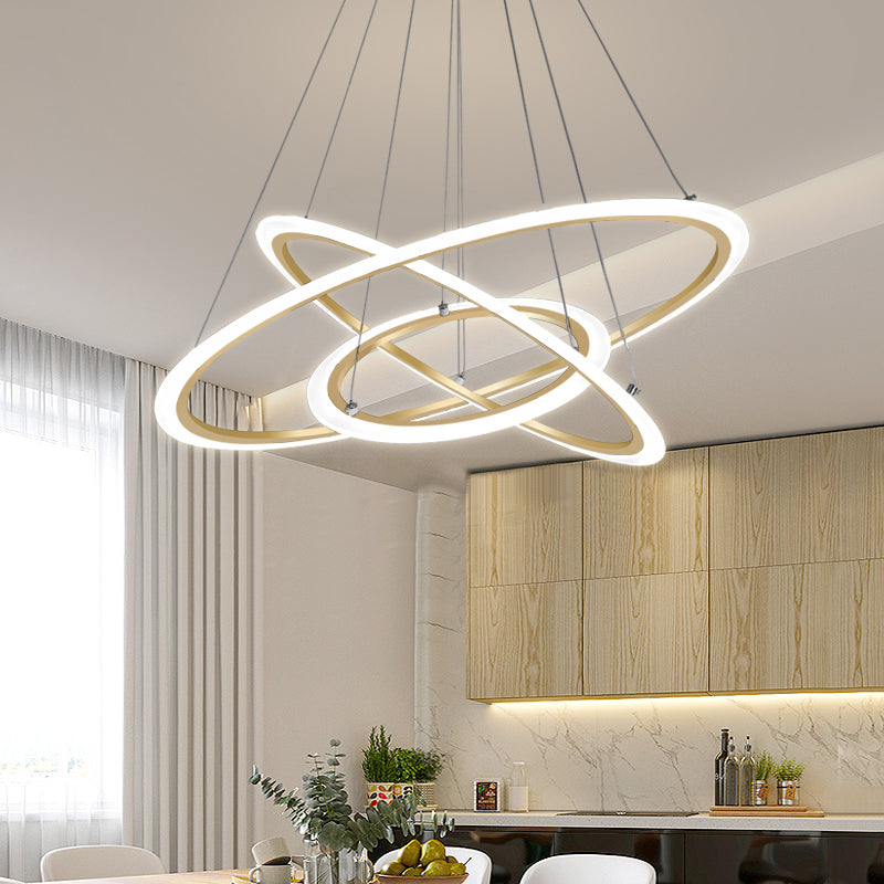 Gold LED Pendant Light Fixture - Minimalist 3-Loop Shaped Metal Chandelier